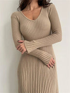 Ribbed Knit Long Sleeve V-Neck Fit and Flare Midi Dress
