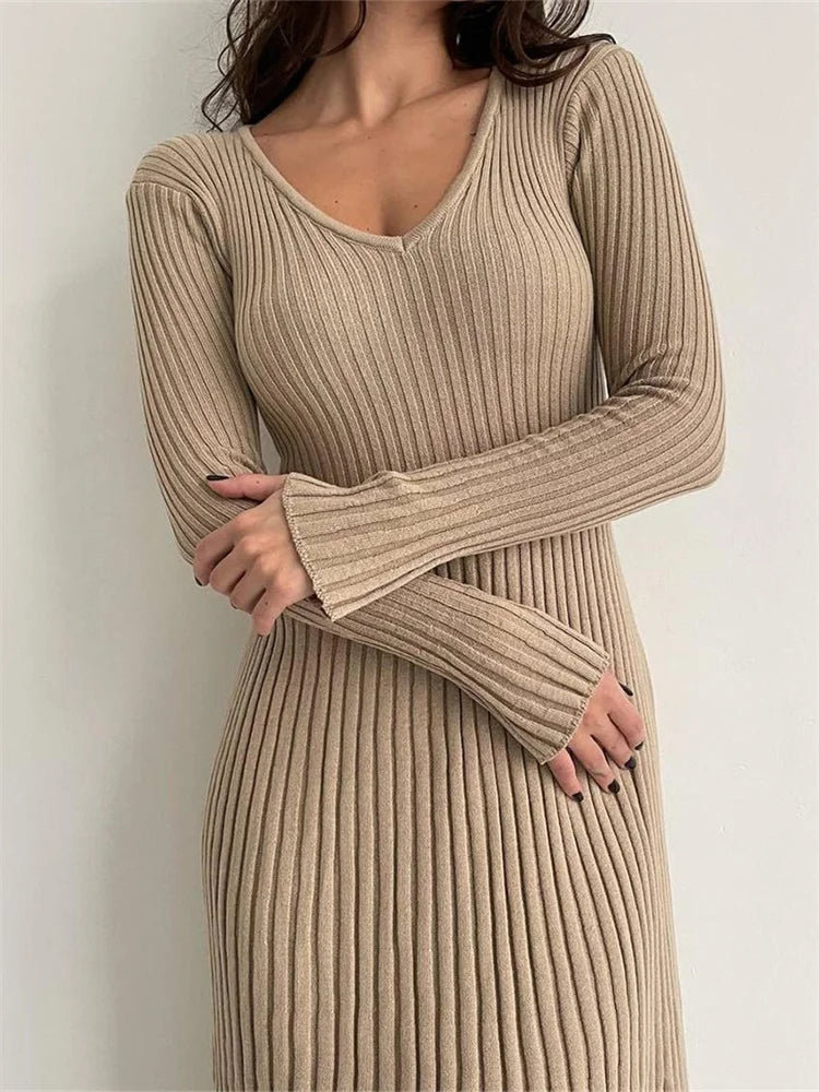 Ribbed Knit Long Sleeve V-Neck Fit and Flare Midi Dress