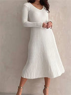 Ribbed Knit Long Sleeve V-Neck Fit and Flare Midi Dress