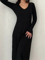 Ribbed Knit Long Sleeve V-Neck Fit and Flare Midi Dress