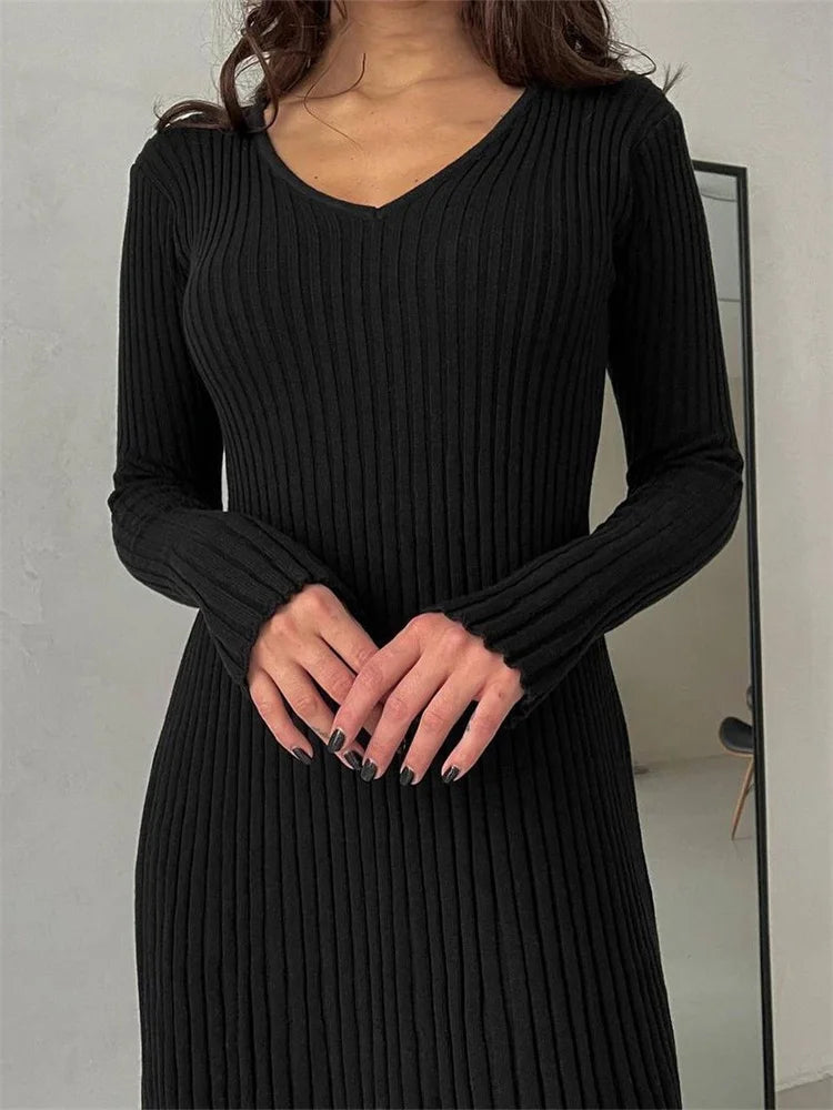 Ribbed Knit Long Sleeve V-Neck Fit and Flare Midi Dress