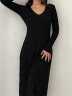 Ribbed Knit Long Sleeve V-Neck Fit and Flare Midi Dress