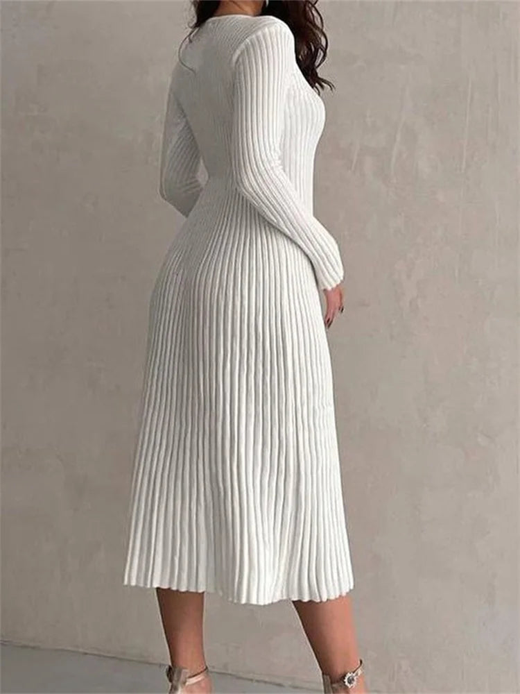 Ribbed Knit Long Sleeve V-Neck Fit and Flare Midi Dress