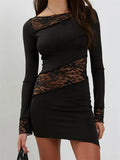 Lace Panel Long Sleeve Boat Neck Asymmetric Hem Bodycon Mini Dress
