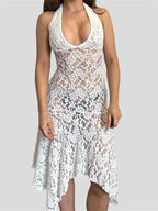 Sheer Floral Lace Halter Plunging Neck Handkerchief Hem Midi Dress