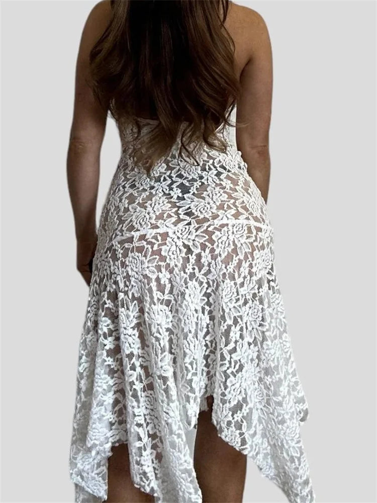 Sheer Floral Lace Halter Plunging Neck Handkerchief Hem Midi Dress