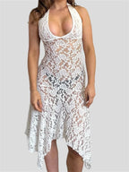 Sheer Floral Lace Halter Plunging Neck Handkerchief Hem Midi Dress