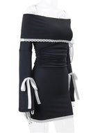 Off Shoulder Ribbed Knit Lace Trim Ribbon Bow Long Sleeve Mini Dress