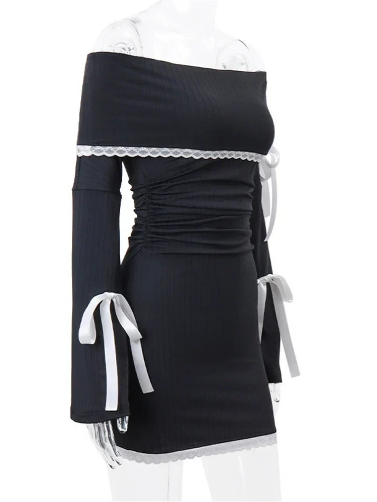 Off Shoulder Ribbed Knit Lace Trim Ribbon Bow Long Sleeve Mini Dress