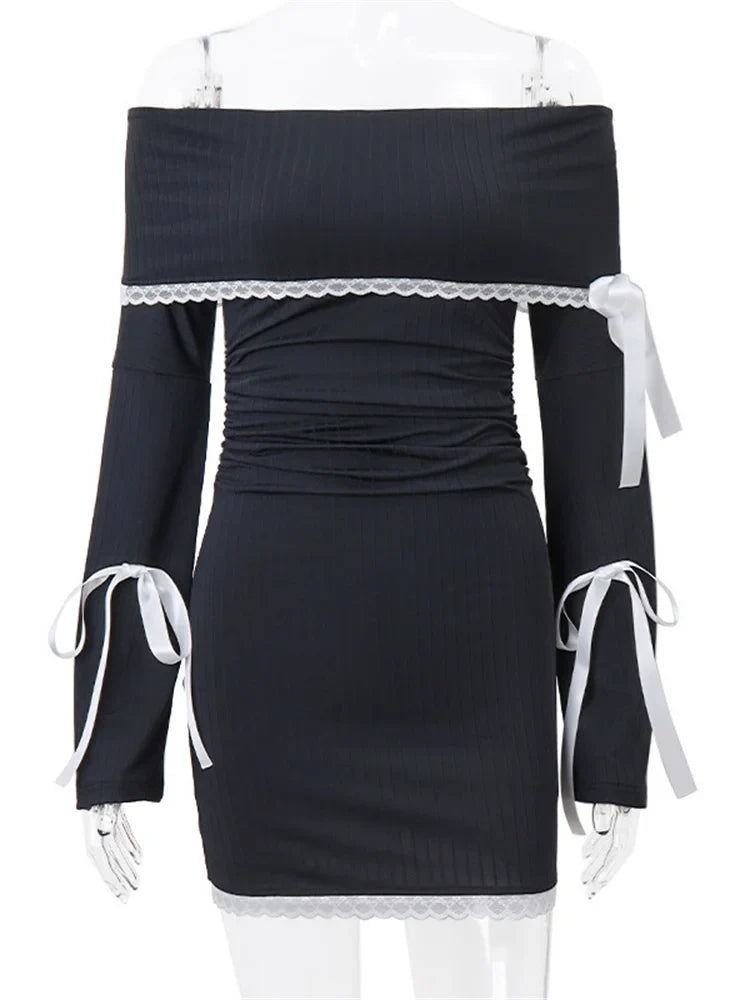 Off Shoulder Ribbed Knit Lace Trim Ribbon Bow Long Sleeve Mini Dress