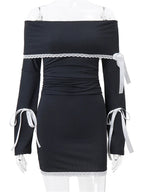 Off Shoulder Ribbed Knit Lace Trim Ribbon Bow Long Sleeve Mini Dress