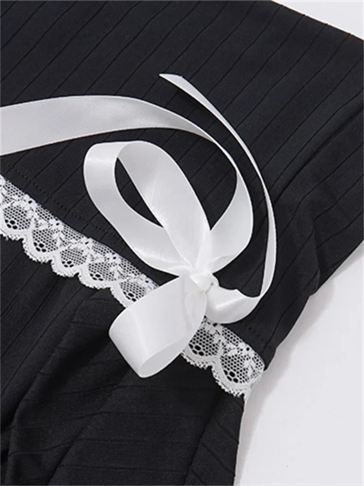 Off Shoulder Ribbed Knit Lace Trim Ribbon Bow Long Sleeve Mini Dress