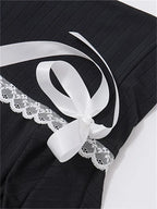 Off Shoulder Ribbed Knit Lace Trim Ribbon Bow Long Sleeve Mini Dress