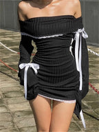 Off Shoulder Ribbed Knit Lace Trim Ribbon Bow Long Sleeve Mini Dress