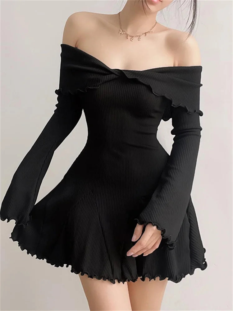 Off Shoulder Twist Front Ribbed Knit Lettuce Edge Bell Sleeve Mini Dress