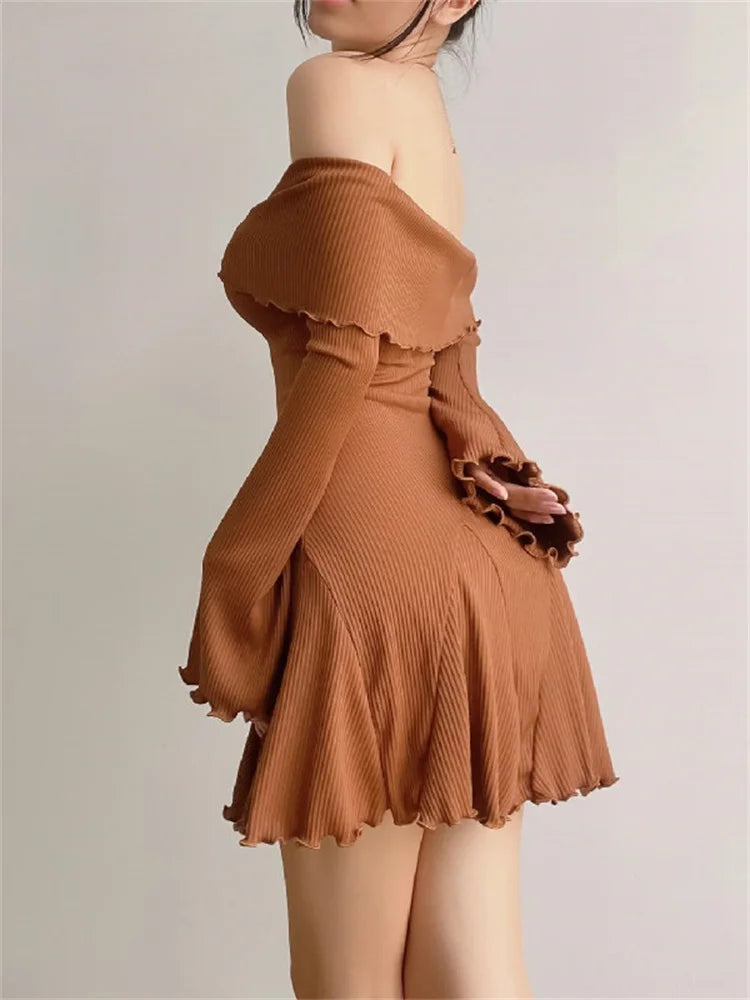 Off Shoulder Twist Front Ribbed Knit Lettuce Edge Bell Sleeve Mini Dress
