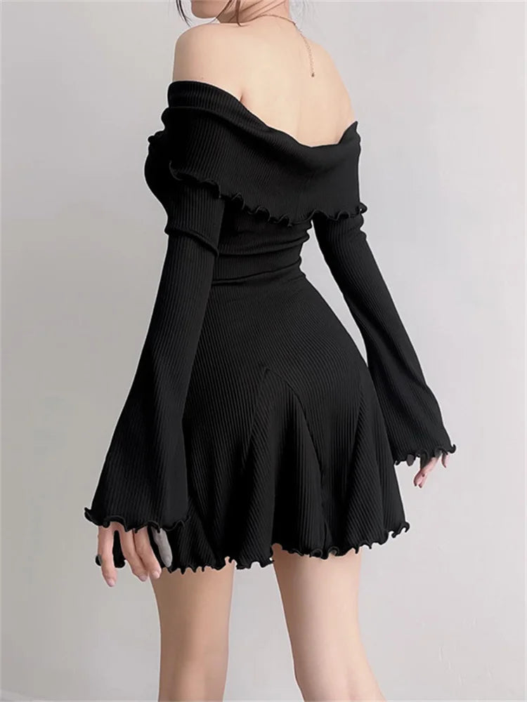 Off Shoulder Twist Front Ribbed Knit Lettuce Edge Bell Sleeve Mini Dress