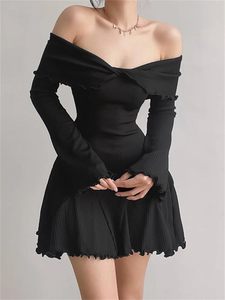 Off Shoulder Twist Front Ribbed Knit Lettuce Edge Bell Sleeve Mini Dress