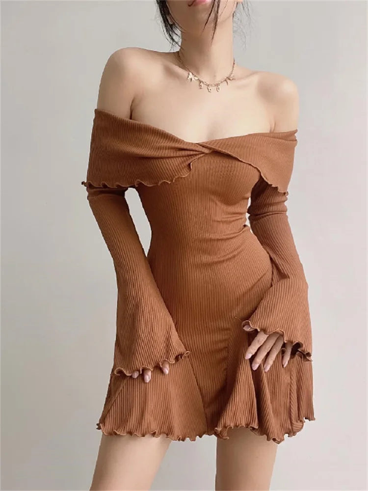 Off Shoulder Twist Front Ribbed Knit Lettuce Edge Bell Sleeve Mini Dress
