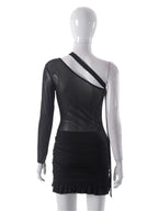 One Shoulder Mesh Cut Out Ruched Ruffle Hem Bodycon Mini Dress