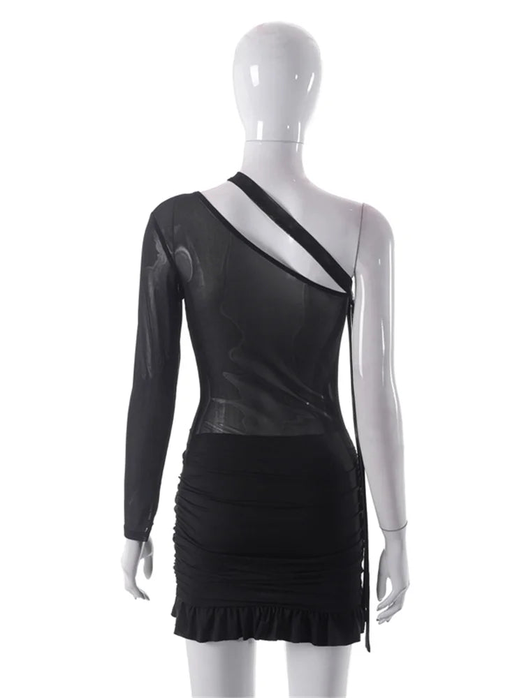 One Shoulder Mesh Cut Out Ruched Ruffle Hem Bodycon Mini Dress
