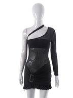 One Shoulder Mesh Cut Out Ruched Ruffle Hem Bodycon Mini Dress