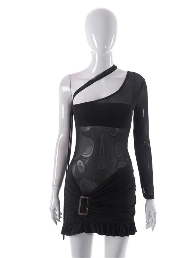 One Shoulder Mesh Cut Out Ruched Ruffle Hem Bodycon Mini Dress