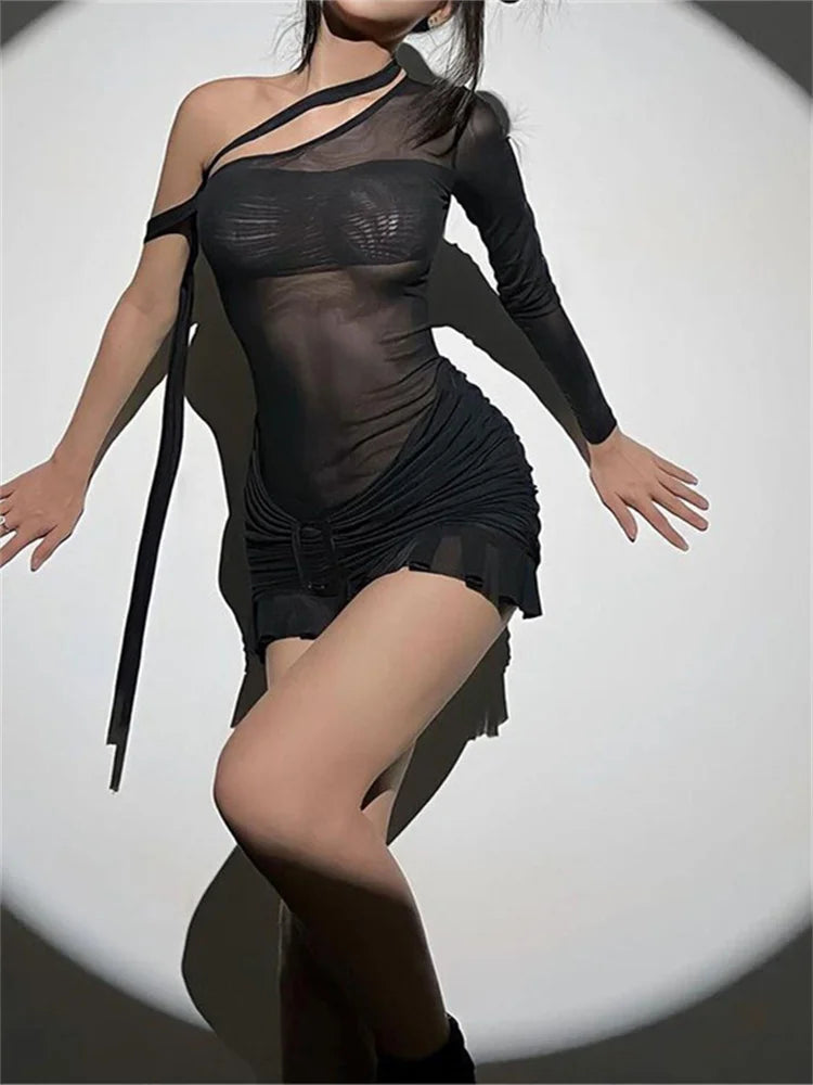One Shoulder Mesh Cut Out Ruched Ruffle Hem Bodycon Mini Dress