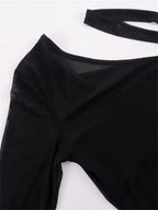One Shoulder Mesh Cut Out Ruched Ruffle Hem Bodycon Mini Dress