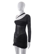 One Shoulder Mesh Cut Out Ruched Ruffle Hem Bodycon Mini Dress