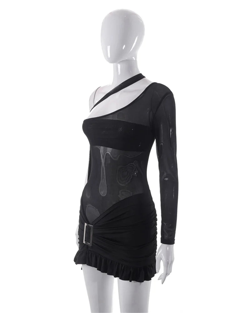 One Shoulder Mesh Cut Out Ruched Ruffle Hem Bodycon Mini Dress