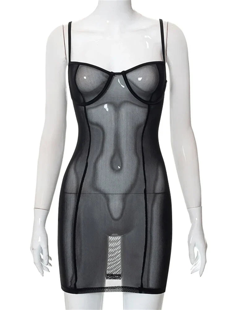 Mesh Bustier Underwire Cup Spaghetti Strap Bodycon Cami Mini Dress