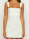 Square Neck Wide Strap Pleated Bodice Ribbon Bow Shoulder Mini Dress
