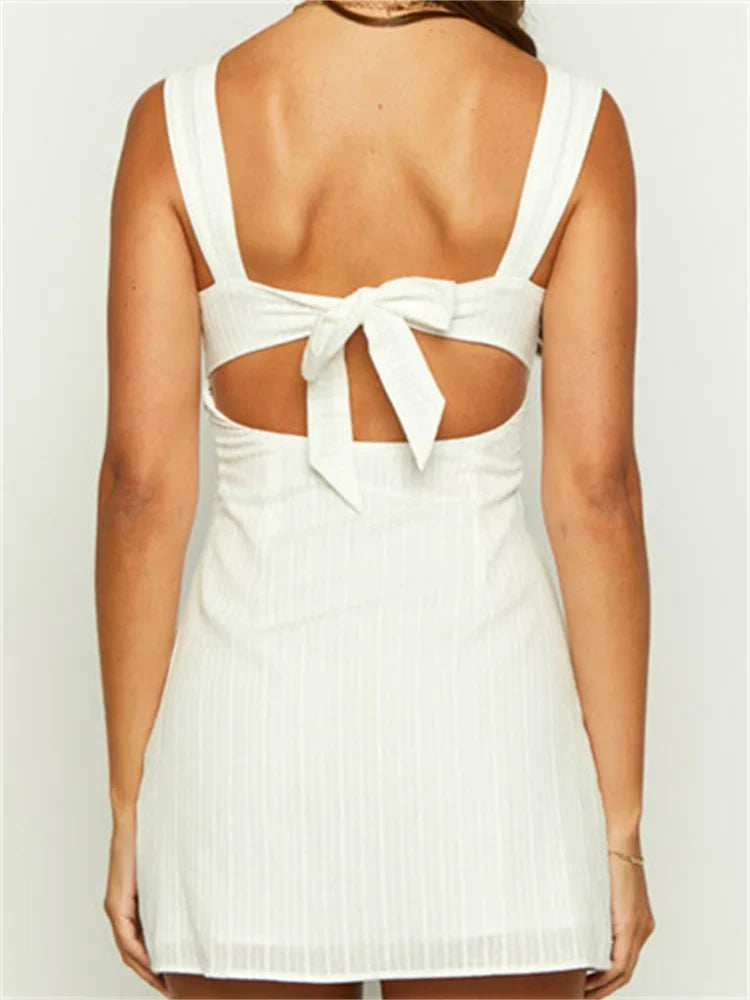 Square Neck Wide Strap Pleated Bodice Ribbon Bow Shoulder Mini Dress