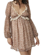 Floral Print Lace Trim Empire Waist Bishop Sleeve Babydoll Mini Dress