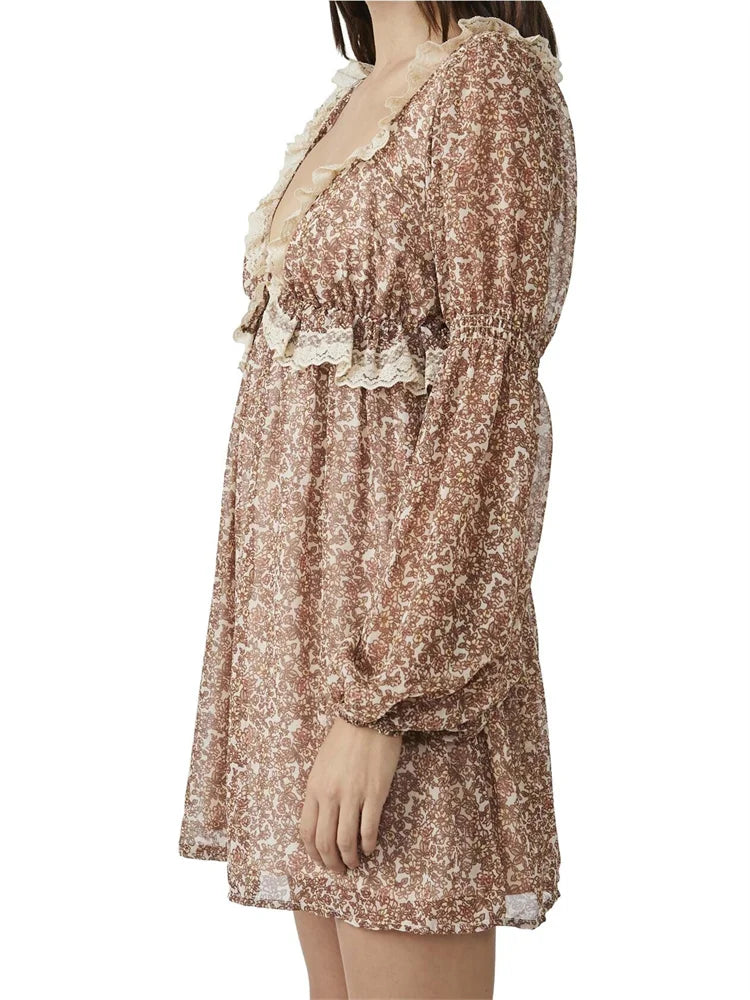 Floral Print Lace Trim Empire Waist Bishop Sleeve Babydoll Mini Dress