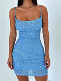 All Over Sequin Square Neck Spaghetti Strap Bodycon Mini Dress