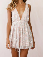Deep V-Neck Sequin Tassel Fringe Fit and Flare Mini Dress