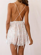 Deep V-Neck Sequin Tassel Fringe Fit and Flare Mini Dress