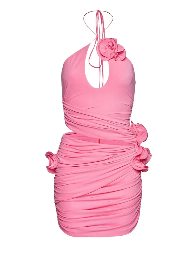 Halter Keyhole 3D Rosette Ruched Waist Cutout Bodycon Mini Dress
