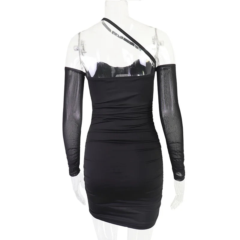 Mesh Long Sleeve Corset Sweetheart Neck Ruched Bodycon Mini Dress