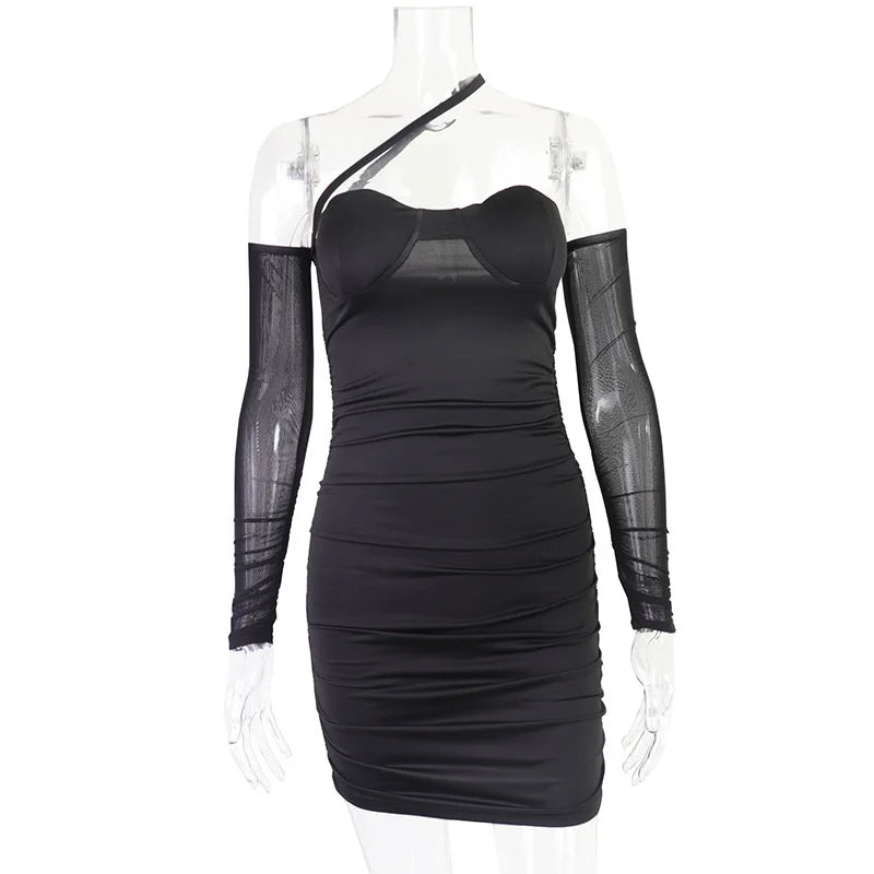 Mesh Long Sleeve Corset Sweetheart Neck Ruched Bodycon Mini Dress