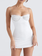 Rhinestone Chain Strap Lace Trim Sweetheart Corset Bodycon Mini Dress