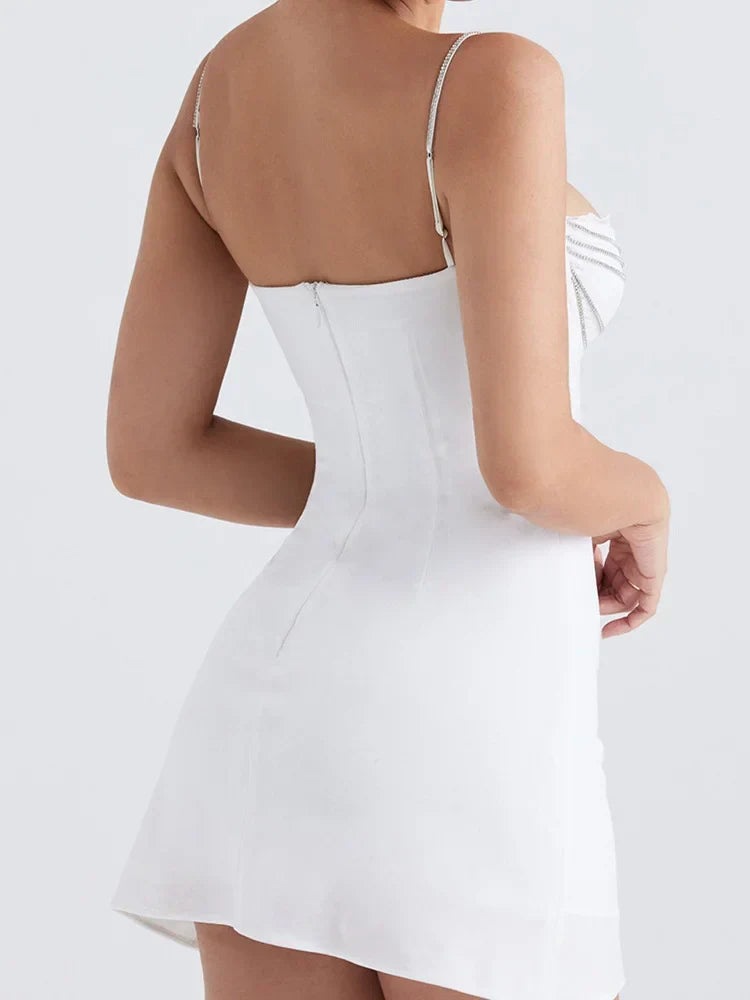 Rhinestone Chain Strap Lace Trim Sweetheart Corset Bodycon Mini Dress