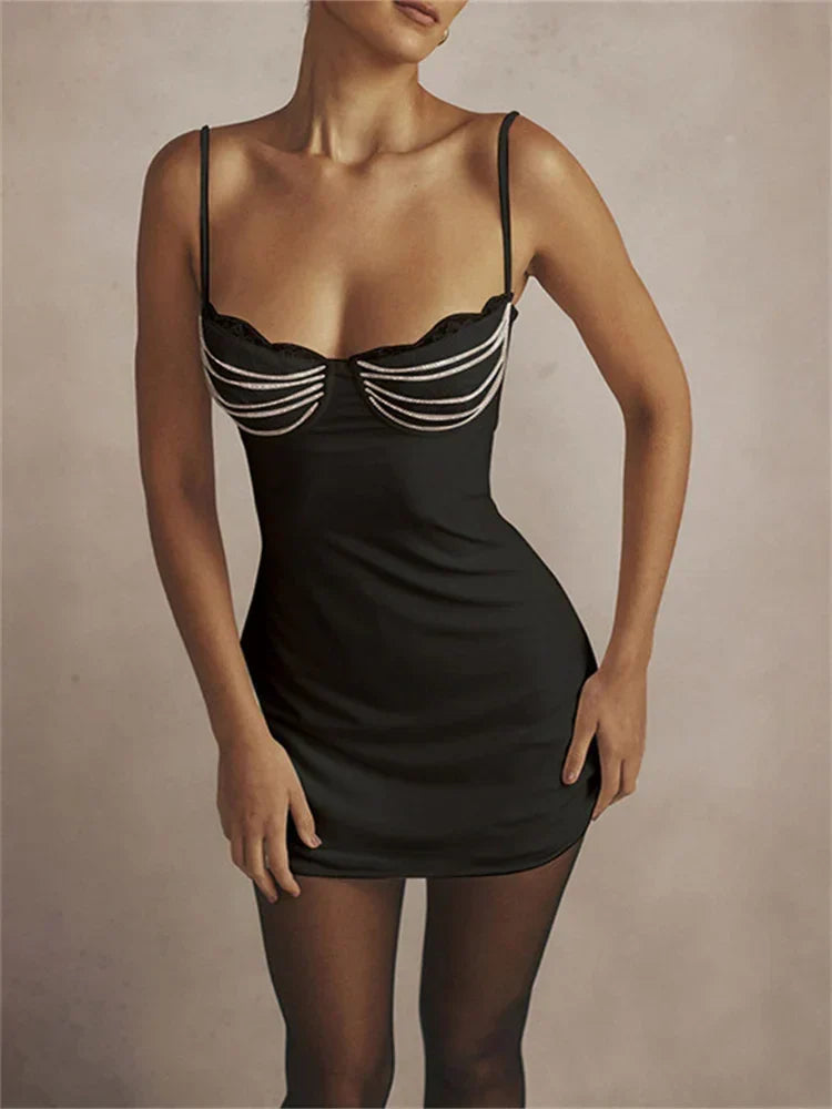 Rhinestone Chain Strap Lace Trim Sweetheart Corset Bodycon Mini Dress