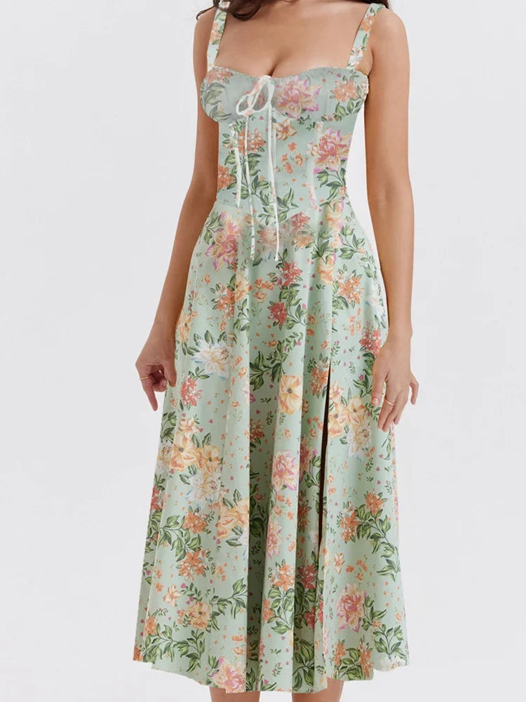 Ruffled Sweetheart Tie Front Floral Print Princess Seam Midi Dress