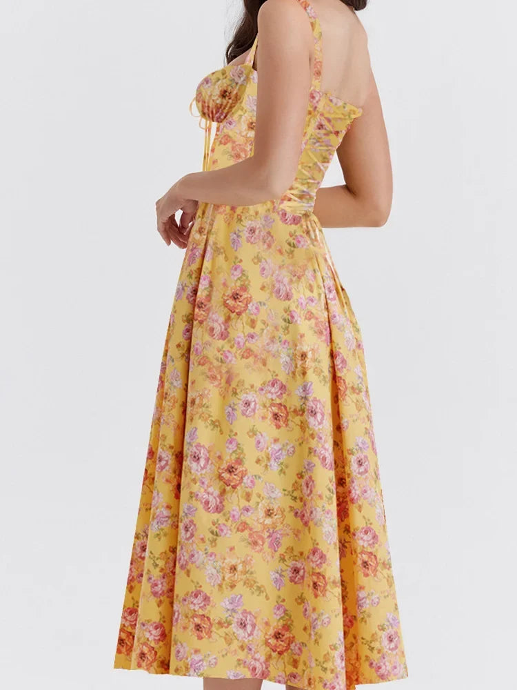 Ruffled Sweetheart Tie Front Floral Print Princess Seam Midi Dress