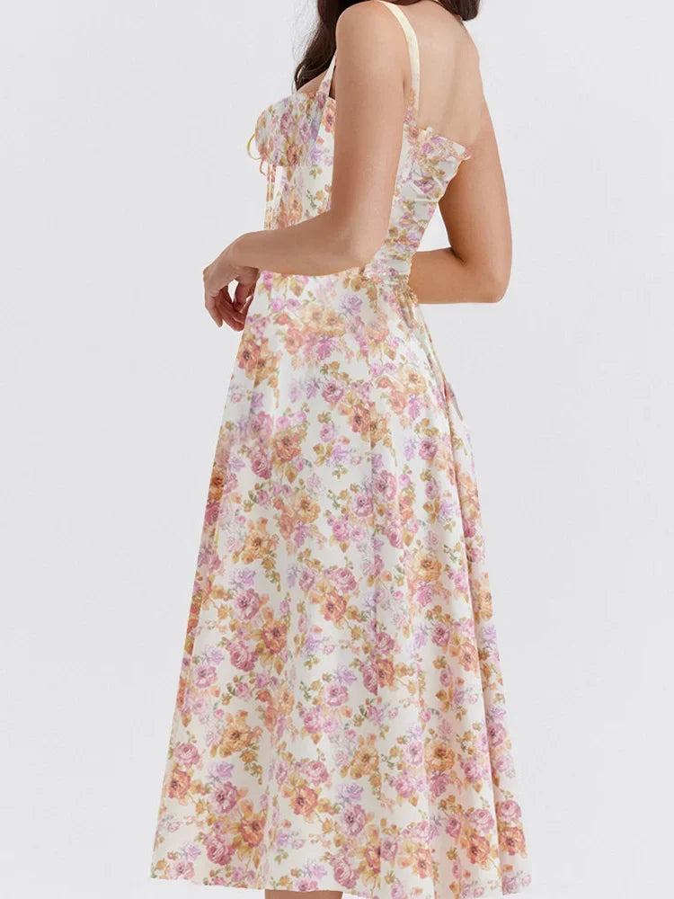 Ruffled Sweetheart Tie Front Floral Print Princess Seam Midi Dress