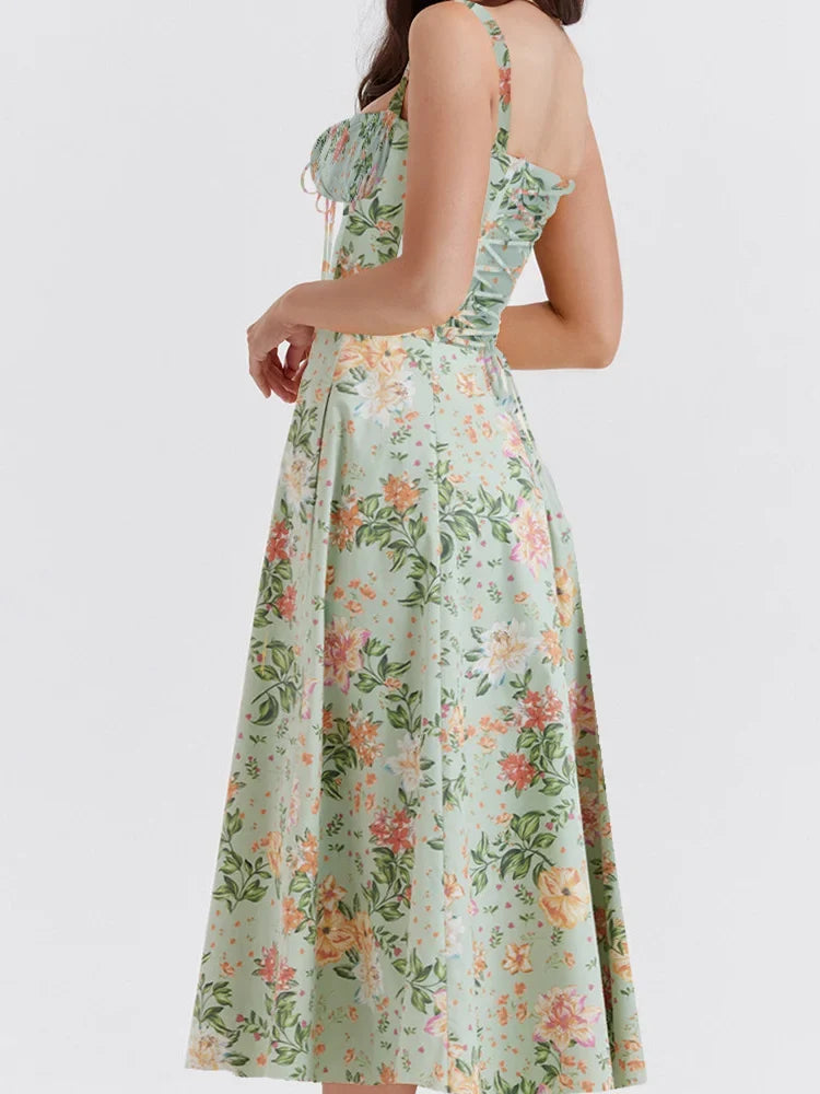 Ruffled Sweetheart Tie Front Floral Print Princess Seam Midi Dress
