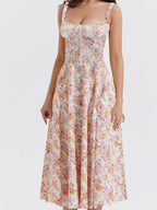 Ruffled Sweetheart Tie Front Floral Print Princess Seam Midi Dress
